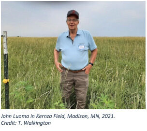 John Luoma in Kernza Field, Madison, MN, 2021. Credit: T. Walkington - Variety Trials at Williston Research Extension Center, Williston, ND, 2020. Credit: C. Keene